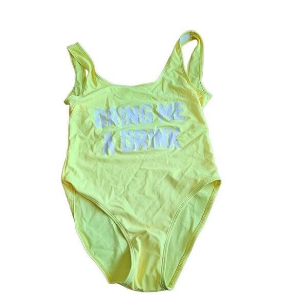 Neon yellow one piece Swimsuit Sz Small Bring me a drink - Picture 2 of 6